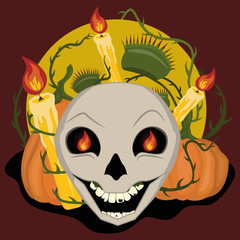 laughing skull with rotten teeth, candles, pumpkins, prickles and Venus flytrap