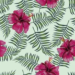 Meubelstickers Burgundy hibiscus on the seamless leaves background © berry2046