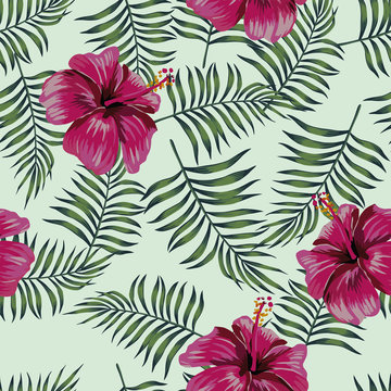 Burgundy hibiscus on the seamless leaves background © berry2046