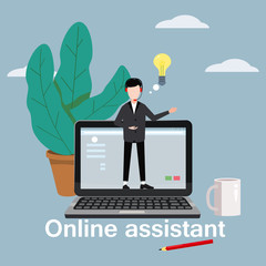 Concept online assistant, customer and operator, call centre, online global technical support 24-7. Vector illustration male hotline operator advises client, virtual help service.