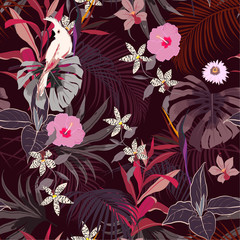 Trendy vector seamless beautiful artistic summer tropical pattern with exotic forest. Bright and Colorful original stylish floral background print, bright forest flower on burgundy background.