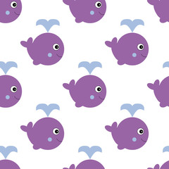 Whale with water fountain blow. Vector illustration. Cartoon style. Seamless pattern.