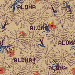 Beautiful seamless tropical exotic palm tree  pattern on beige background. Coconut tree and exotic florals