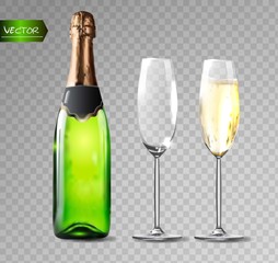 Champagne bottle and champagne glasses on transparent background. Vector illustration.
