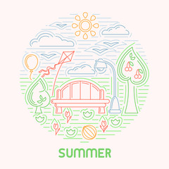 Summer card with bench, lamp, nature. Linear style vector illustration