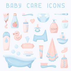 Baby care icons collection. Flat style vector illustration. Baby hygiene accessories. - obrazy, fototapety, plakaty