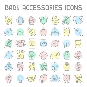 Baby accessories icons set. Linear style vector illustration. Suitable for advertising or web