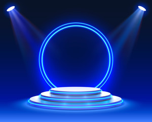 Stage podium with lighting, Stage Podium Scene with for Award Ceremony on blue Background, Vector illustration