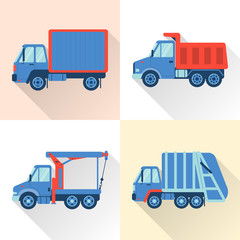 Set of truck icons in flat style with long shadow