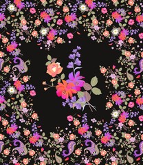 Vertical card with beautiful flowers isolated on black background. Seamless floral print for fabric. Wrapping design.