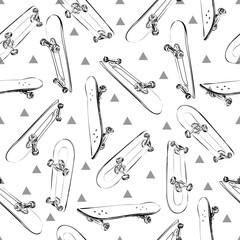 Vector seamless pattern white contour cartoon skateboards. 