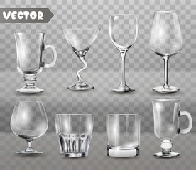 Set of transparent glasses goblets, cocktail glasses collection, vector illustration, icons.