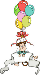 Monkey flying with vintage banner and balloons