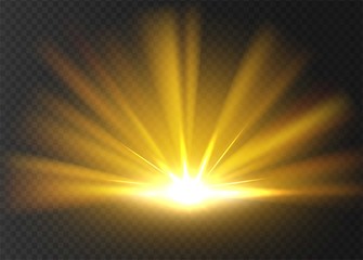 Abstract golden bright light. Gold shine burst isolated on transparent background. Bright and shine golden light star. Vector illustration.