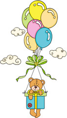 Teddy bear flying with box gift and balloons

