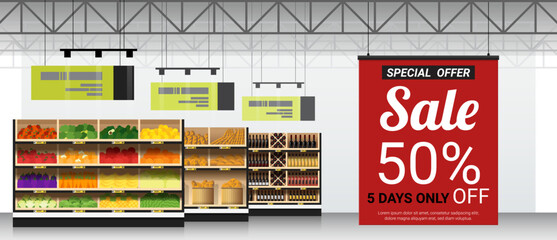 Promotion sign in modern supermarket background , vector , illustration