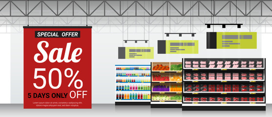 Promotion sign in modern supermarket background , vector , illustration