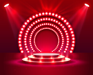 Stage podium with lighting, Stage Podium Scene with for Award Ceremony on red Background, Vector illustration - obrazy, fototapety, plakaty