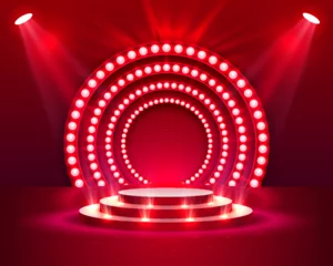 Fotobehang Stage podium with lighting, Stage Podium Scene with for Award Ceremony on red Background, Vector illustration © hobbitfoot