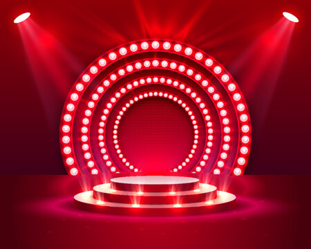 Stage podium with lighting, Stage Podium Scene with for Award Ceremony on red Background, Vector illustration