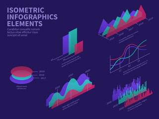 Isometric infographic elements. 3d graphs, bar chart, market histogram and layer diagram. Business presentation vector infographics. Illustration of chart 3d flat, graph design information - obrazy, fototapety, plakaty