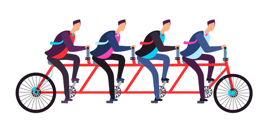 Fototapeta premium Business people riding on tandem bicycle. Team coordination. Successful business teamwork and leadership vector concept. Illustration of teamwork bicycle tandem transportation to goal