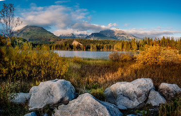 Shtrbske pleso (lake) in autumn. Slovakia High Tatras mountains landscape.