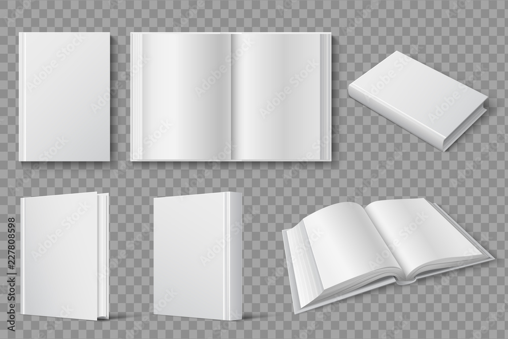 Wall mural book mockup. blank white closed and open books. textbooks and brochures isolated vector template. co - Wall murals