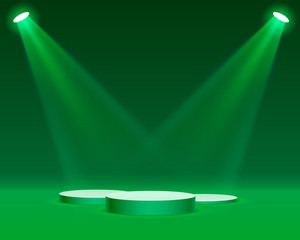 Stage podium with lighting, Stage Podium Scene with for Award Ceremony on green Background, Vector illustration