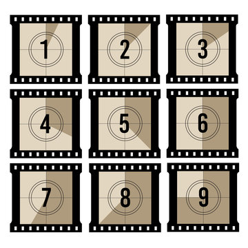 Movie countdown. Old projector film timer counter. Vector vintage filmstrip frames. Illustration of film negative video count time