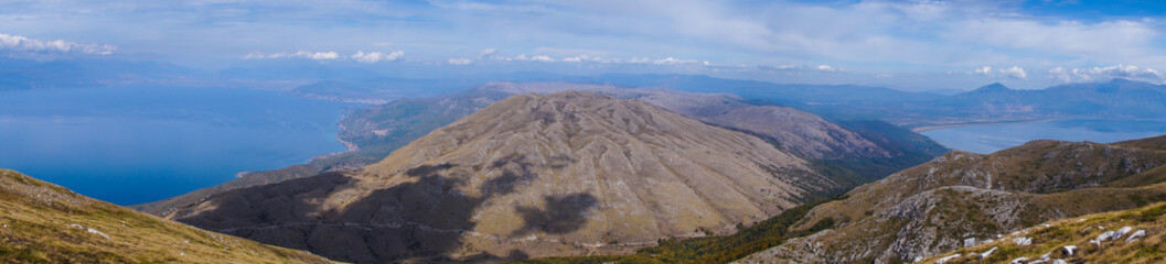 Panorama view with Lake Ohrid (left) and Prespa Lake (right) at the Magaro Peak in National Park Galicica, Macedonia.