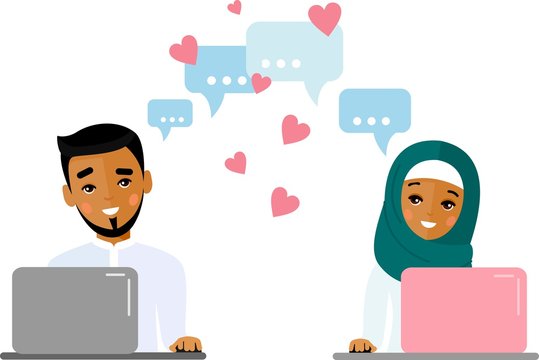 Cute cartoon illustration of arab people in love using computer and internet. Vector flat arabic lover concept on the computer screen sent a message of love.