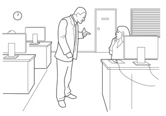 Cartoon business. Boss angry and woman afraid in open office. Black vector illustration isolated on white background