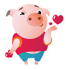 Cute cartoon pig sending air kiss with read hearts. Vector illustration. Symbol of the new year 2019 Isolated on transparent background. Excellent for the design of postcards, posters, stickers etc.  
