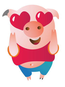Emoji character  Pig in love looks admiringly. Vector illustration. Symbol of the new year 2019 Isolated on transparent background. Excellent for the design of postcards, posters, stickers etc.  