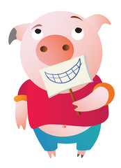 A tired pig is pretending. Holding a fake smile. Vector illustration. Symbol of the new year 2019 Isolated on transparent background. Excellent for the design of postcards, posters, stickers etc.  
