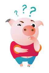 Cartoon pig stands and looks at us questioningly.  Vector illustration. Symbol of the new year 2019 Isolated on transparent background. Excellent for the design of postcards, posters, stickers etc.  