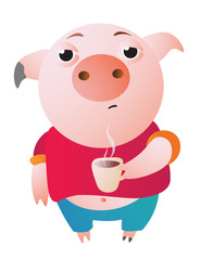 Very sleepy pig with a cup of hot coffee.  Vector illustration. Symbol of the new year 2019 Isolated on transparent background. Excellent for the design of postcards, posters, stickers etc.  