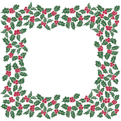 Square frame of Christmas holly leaves.Seamless pattern of green leaves and red berries.