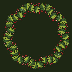 Christmas Hand Drawn Wreath with Round Frame for Cards Design Vector Layout with Copyspace Can be use for Decorative Kit, Invitations, Greeting Cards, Blogs, Posters, Merry X’mas and Happy New Year.