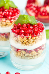 Pomegranate parfait - sweet organic layered dessert with granola flakes, yogurt and red ripe fruit seeds.