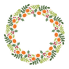 Christmas Hand Drawn Wreath with Round Frame for Cards Design Vector Layout with Copyspace Can be use for Decorative Kit, Invitations, Greeting Cards, Blogs, Posters, Merry X’mas and Happy New Year.
