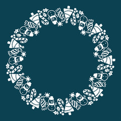 Christmas Hand Drawn Wreath with Round Frame for Cards Design Vector Layout with Copyspace Can be use for Decorative Kit, Invitations, Greeting Cards, Blogs, Posters, Merry X’mas and Happy New Year.