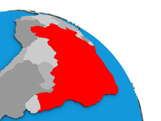 Fototapeta premium Brazil on simple blue political 3D globe.