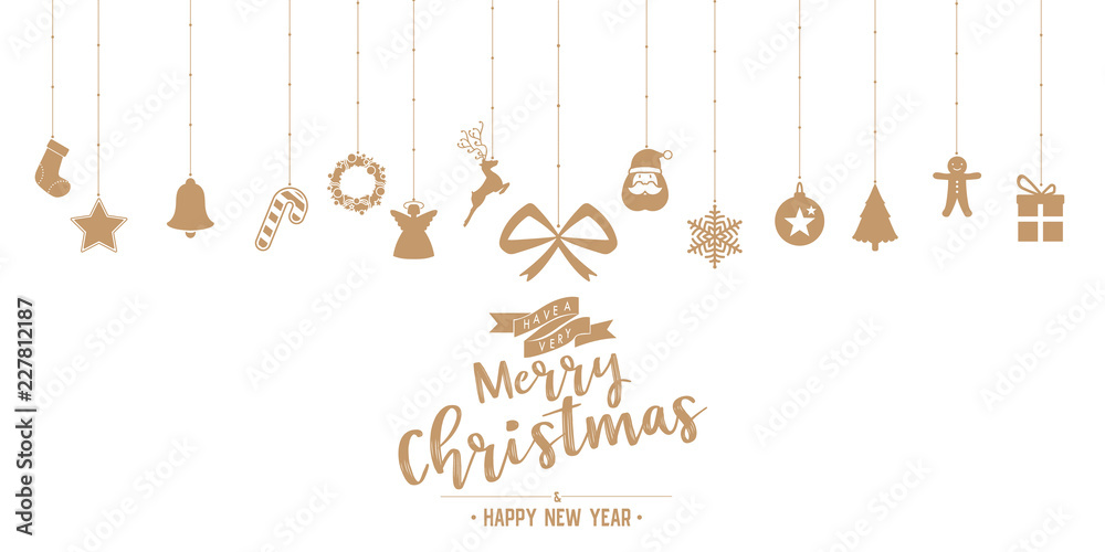 Poster christmas ornaments and icons and text phase hanging rope on isolated background