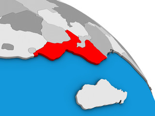 Mozambique on simple blue political 3D globe.