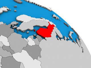 Finland on simple blue political 3D globe.