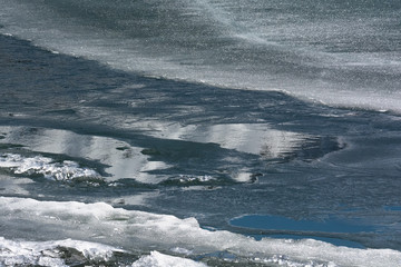Thin ice around clear water at surface of Alaskan lake in spring