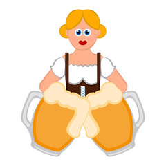 Cute girl with pair of beer mugs. Oktoberfest. Vector illustration design