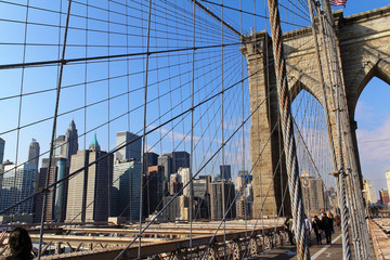 New York, USA - November 22, 2010: Spectacular views of the Brooklyn Bridge with all its characteristic metal wires and the pedestrian walkway